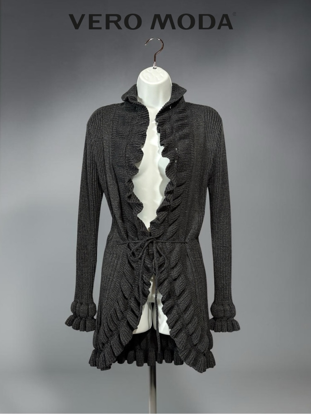 VERO MODA, Charcoal Ruffle Long Cardigan, Size L, Very Stretchy Belted Knit